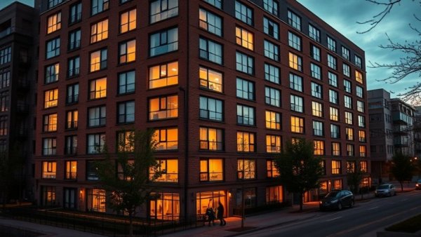 Modern residential building in Jersey City at twilight, highlighting affordable housing options.