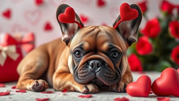 Adorable French Bulldog with red heart headband for New Jersey events February 6th to 8th 2026.