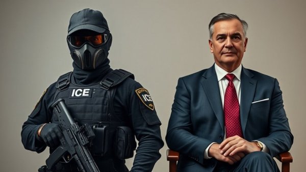 GOP Senator with ICE officer wearing mask, contrasting roles visually depicted.
