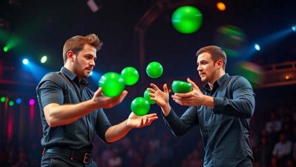 Jugglers performing at Circus Vazquez New Jersey with green clubs.