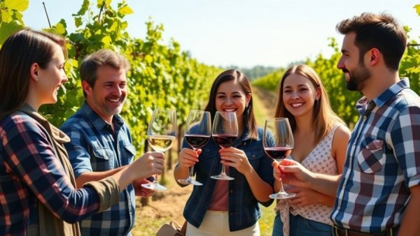 Wine tasting in a New Jersey vineyard, group of friends celebrating.