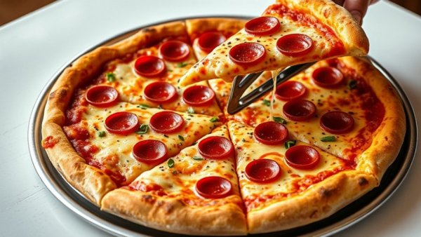 Delicious cheese pizza slice lifted, Bergen County late-night dining.