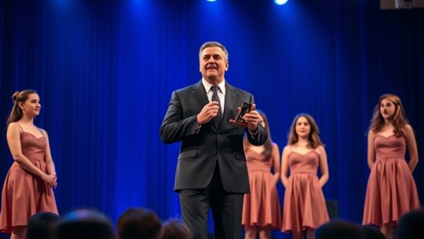 Dynamic speaker with award and children on vibrant stage, NFL MVP event