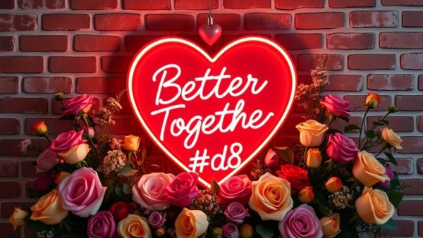 Heart-shaped neon sign with flowers on New Jersey restaurant brick wall.