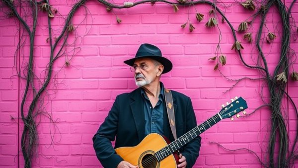 Stylish older man with guitar in front of pink wall, Nils Lofgren protest song.