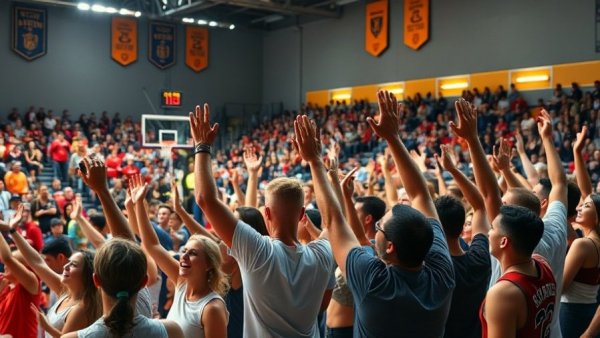 UNC court storming celebration with excited crowd on basketball court.