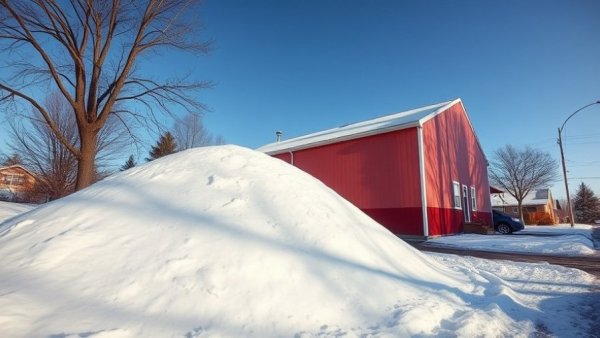 Winter snow pile near building causing school delays in New Jersey.