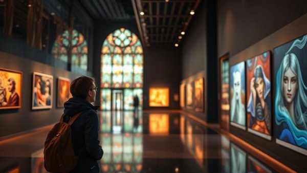 Museum visitor examining stained glass in NJ gallery, Things to do in NJ with kids.