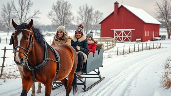 Winter sleigh ride in New Jersey event with red barn backdrop.