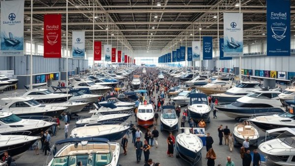 2026 Atlantic City Boat Show with boats and attendees in exhibit hall.