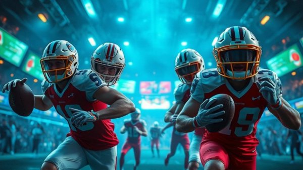 Vibrant depiction of potential 2026 NFL draft players in action.