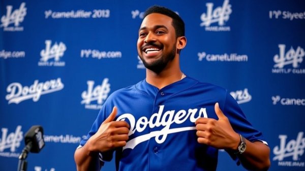 Kyle Tucker Dodgers contract press conference, adjusting jersey, smiling.