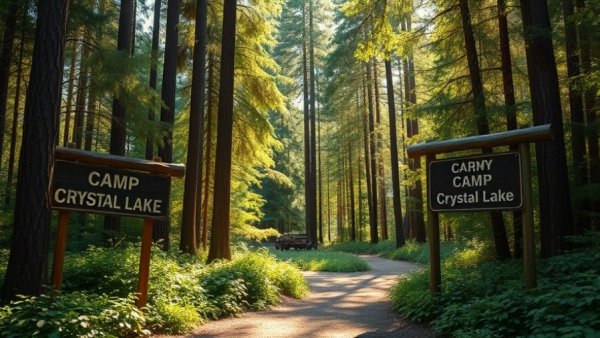 Signs from famous Camp Crystal Lake setting in New Jersey forest.