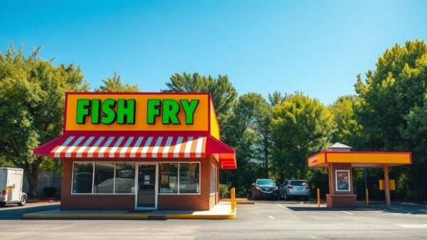 Outdoor sign for Fish Fry takeout with drive-thru in Western NY.