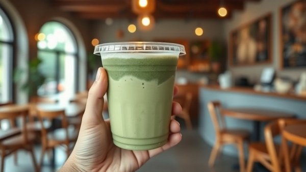 Bergen County restaurant matcha latte with cozy cafe background.