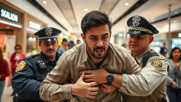 Tense security scene in Galleria Mall with police and man restrained.