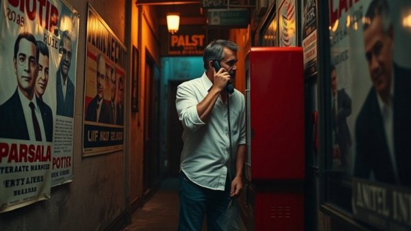 Vintage-themed New Jersey theater scene with a man using a payphone.