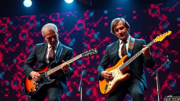 Two guitarists on stage in formal suits performing passionately.