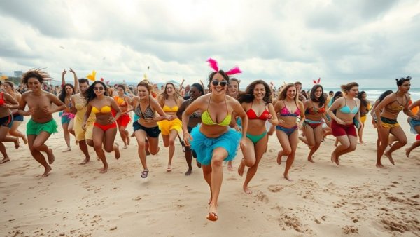 Energetic participants at the 2026 Polar Bear Plunge Seaside Heights running on the beach.