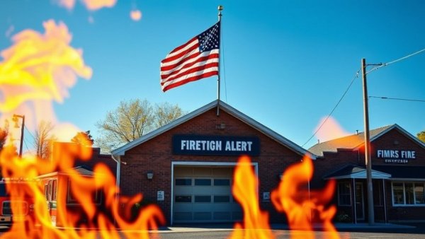 Firehouse with flames in foreground, dramatic scene