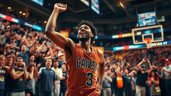 Basketball player celebrates in a lively arena after a game-changing play.