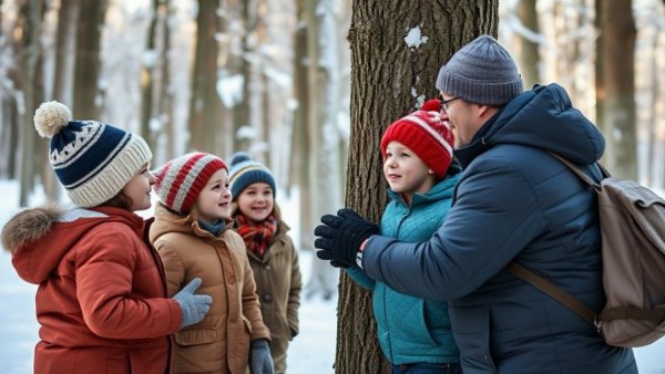 Children learning tree tapping in snowy New Jersey event
