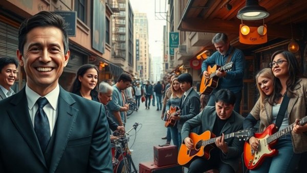 Diverse collage representing New Jersey Oscar nominations with musicians and city scene.