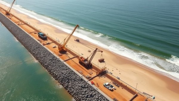 Aerial view of Cape May seawall project under construction.