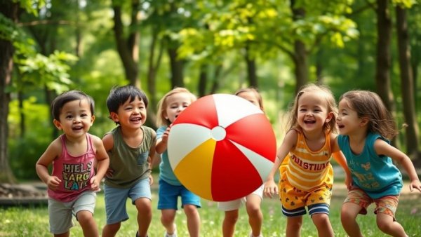 Children enjoying with beach ball at summer camp in Northeast.