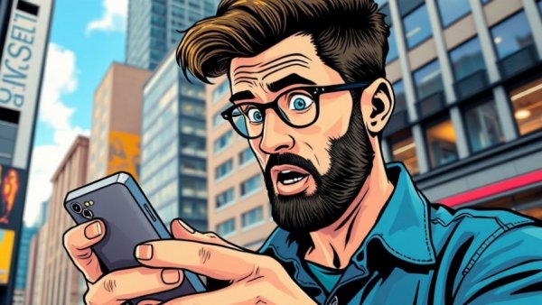 New Jersey Stage comic book style man looking at phone, urban background.