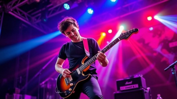 American Idol musician energetically playing guitar on stage with dynamic lights.