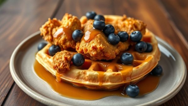 Crispy fried chicken and waffles with blueberries, brunch for dinner.