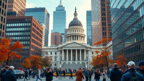 NJ political landscape showcasing capitol building and city life.