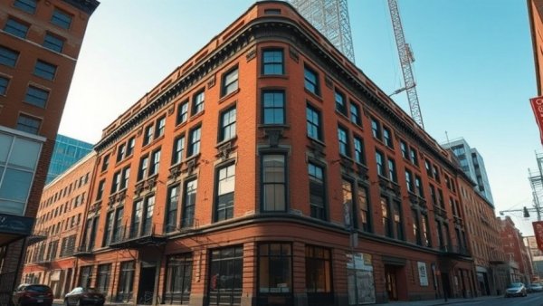 Brick building at Steel Tech redevelopment Jersey City under blue sky.