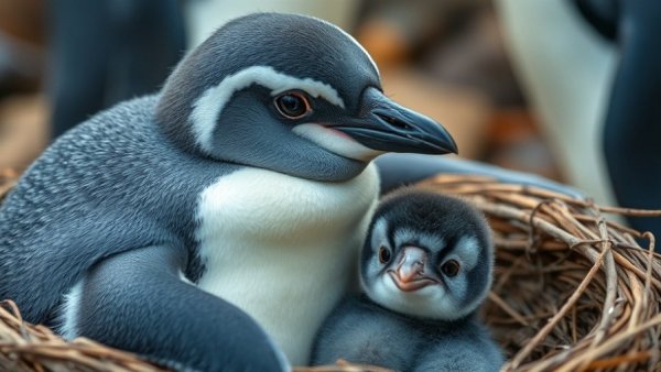 Little Blue Penguins at Adventure Aquarium, penguin with chick nestled in habitat.
