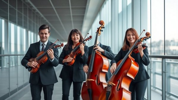 Erinys Quartet performance, musicians with instruments in a modern venue.