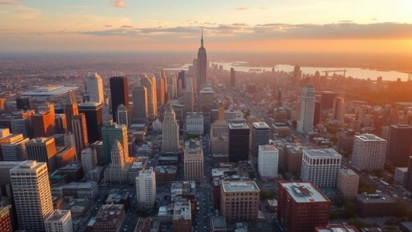 Northern New Jersey housing market forecast cityscape at golden hour.