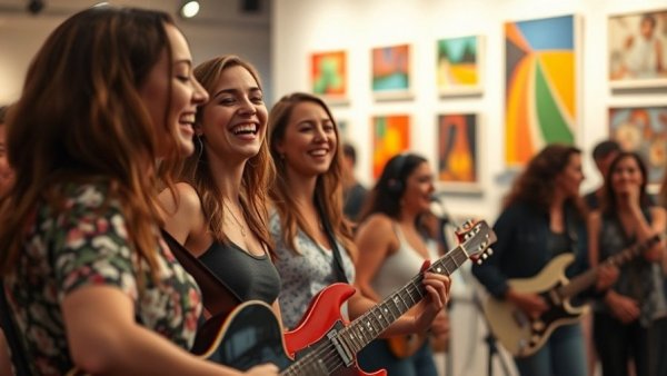 Ladies of Psycho concert performing enthusiastically in art gallery.