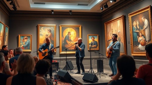 Lively trio performing in New Jersey art gallery, engaging show.