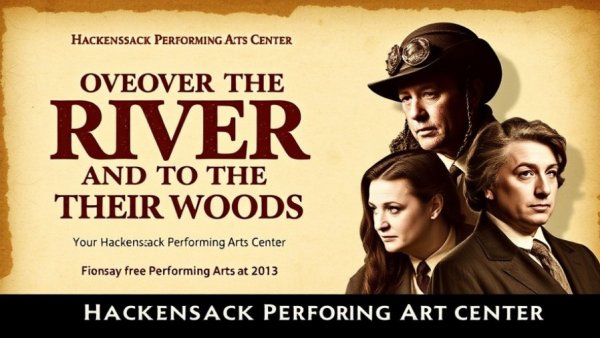 Promotional poster for 'Over the River and Through the Woods' at a New Jersey theater.
