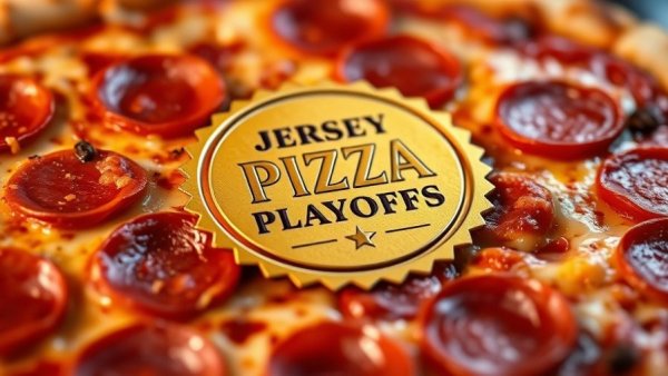 Close-up of Jersey Pizza Playoffs emblem on pepperoni pizza, best pizza in New Jersey.