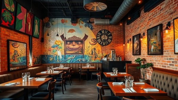 Interior of a new restaurant in New Jersey with colorful decor and murals.