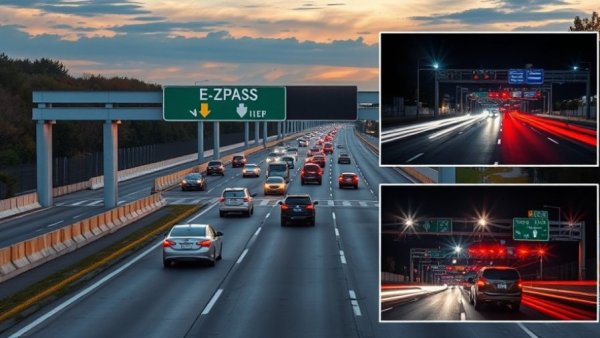 Daytime expressway scene with E-ZPass gantry and vehicles; inset shows night lights, Atlantic City Expressway E-ZPass problems.