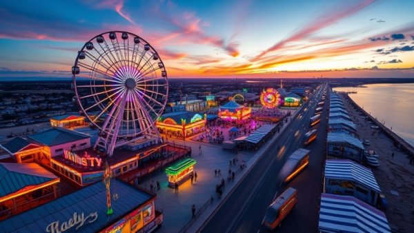 Vibrant NJ amusement park activity at sunset, a fun thing to do with kids.