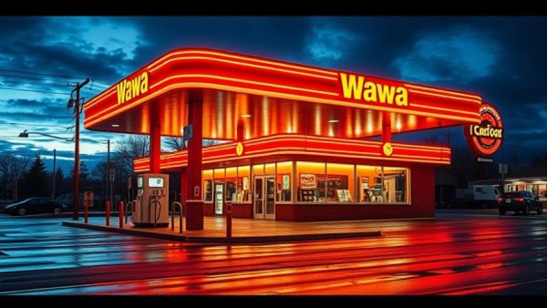 Doo Wop-themed Wawa Wildwood with neon lights reflecting on wet pavement at night.