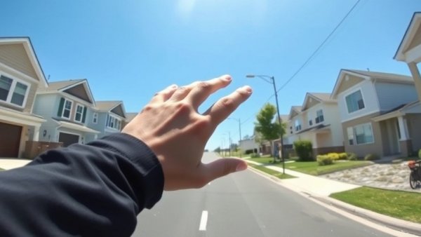 Person on suburban street gesturing during the day.