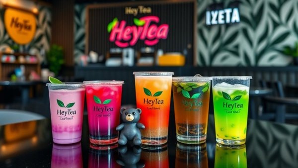Vibrant HeyTea beverages in Paramus NJ with brand bag backdrop.