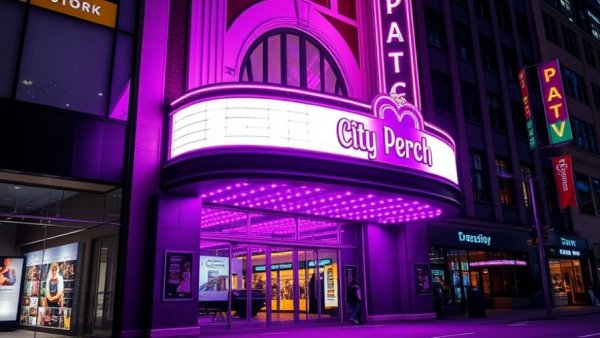 iPic Theater Fort Lee glowing at night with purple lights and City Perch sign.