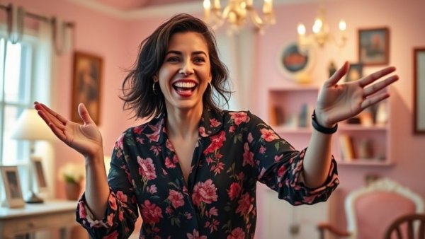 Energetic woman in floral blouse celebrating indoors, NJ theater review