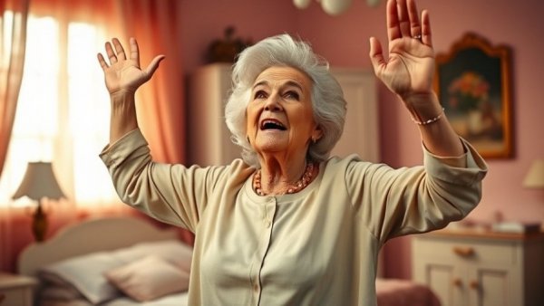 Play review scene with lively performer in pink vintage bedroom.